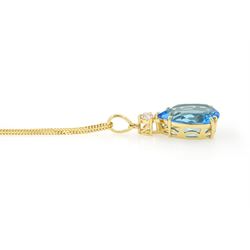 18ct gold blue topaz and diamond pendant necklace, single pear cut Swiss blue topaz of approx 6.60 carat, suspending from a single round brilliant cut diamond of approx 0.15 carat