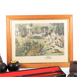 Two sets of cased bowls, together with bowls print etc