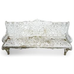 Coalbrookdale design - early 20th century cast aluminium Nasturtium pattern bench, white painted cast aluminium frame and seat, the pediment with a central female mask flanked with extending leafage, the back and seat with scrolling lattice design and interspersed Narsturtium leaves, flanked shaped arm terminals over splayed supports