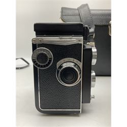 Yashica-A camera body, serial no. A4080073, with 'Yashikor 1:3.5 f=80mm' lens, serial no. 209272 and 'Yashikor 1:3.5f=80mm' lens, serial no 22942, together with Yashica TL-Electro camera body, serial no. 5054162 with 'Yashinon-DS 50mm 1:1.9  40056038