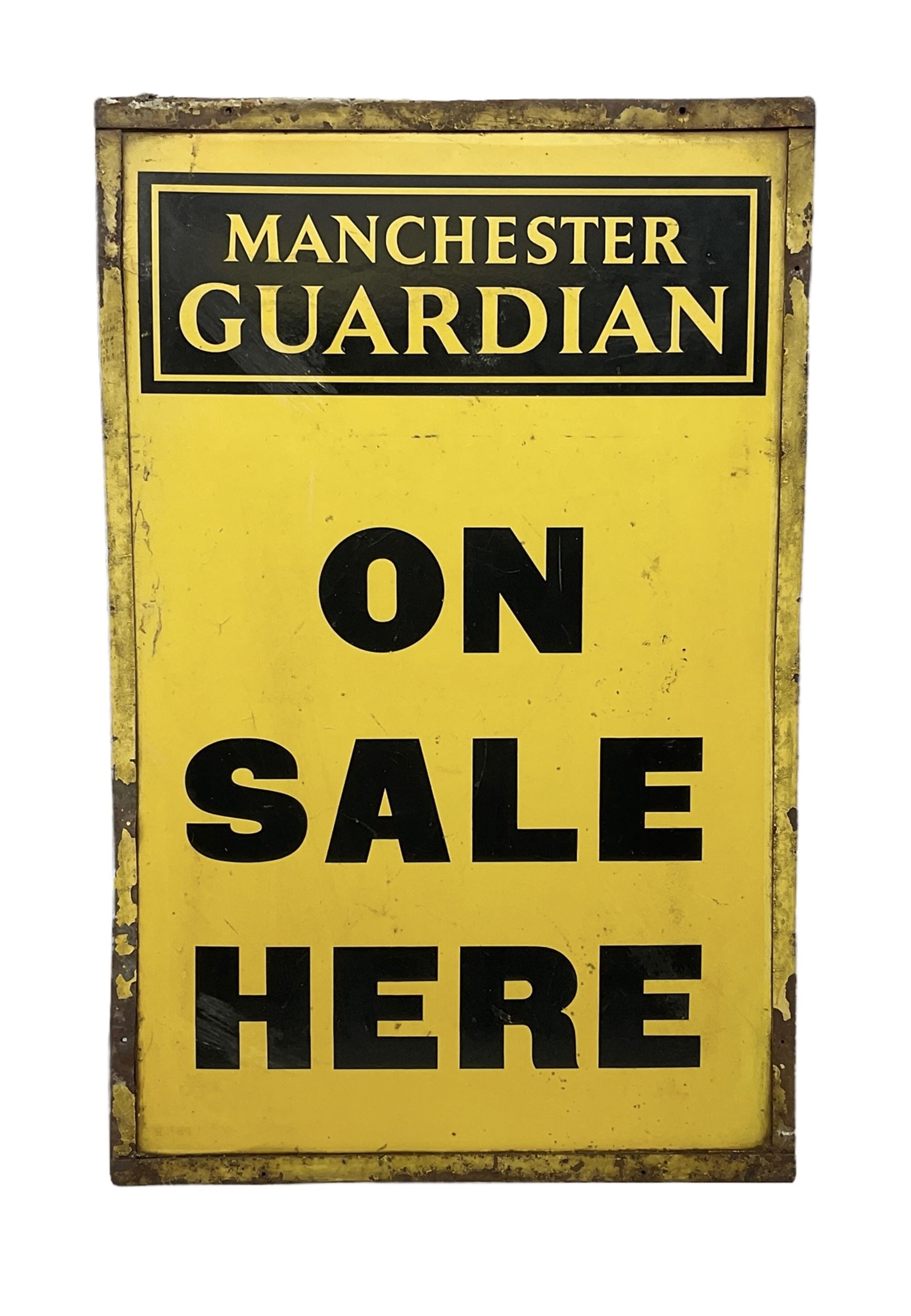 Enamel street advertising sign for The Manchester Guardian, with black lettering on yellow ground, H79cm W52cm