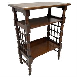 Late 19th century oak three-tier stand or bookcase, on turned supports with lattice sides, on turned feet with castors