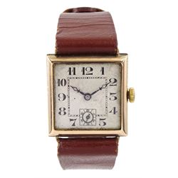 Swiss early 20th century 9ct gold, square cased manual wind wristwatch, white enamel dial with subsidiary seconds dial, case by British Watch Cases Ltd, Edinburgh 1933, on brown leather strap