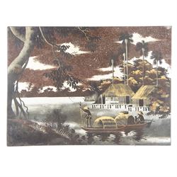 Two French Indochinese period paintings on wood, depicting riverscapes, together with French Indochinese poster, circa 1947-58, paintings H30cm, L40cm