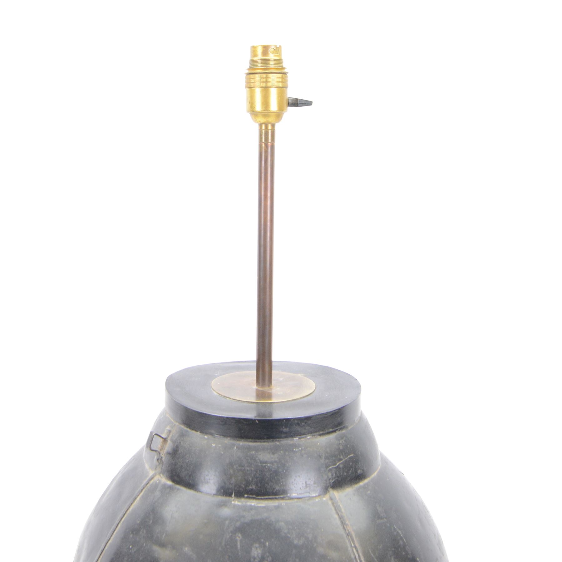 Early 20th century Japanned tole tea cannister lamp, of cylindrical form with tapering top, decorated in gilt with a figure in a garden setting, including fittings H73.5cm