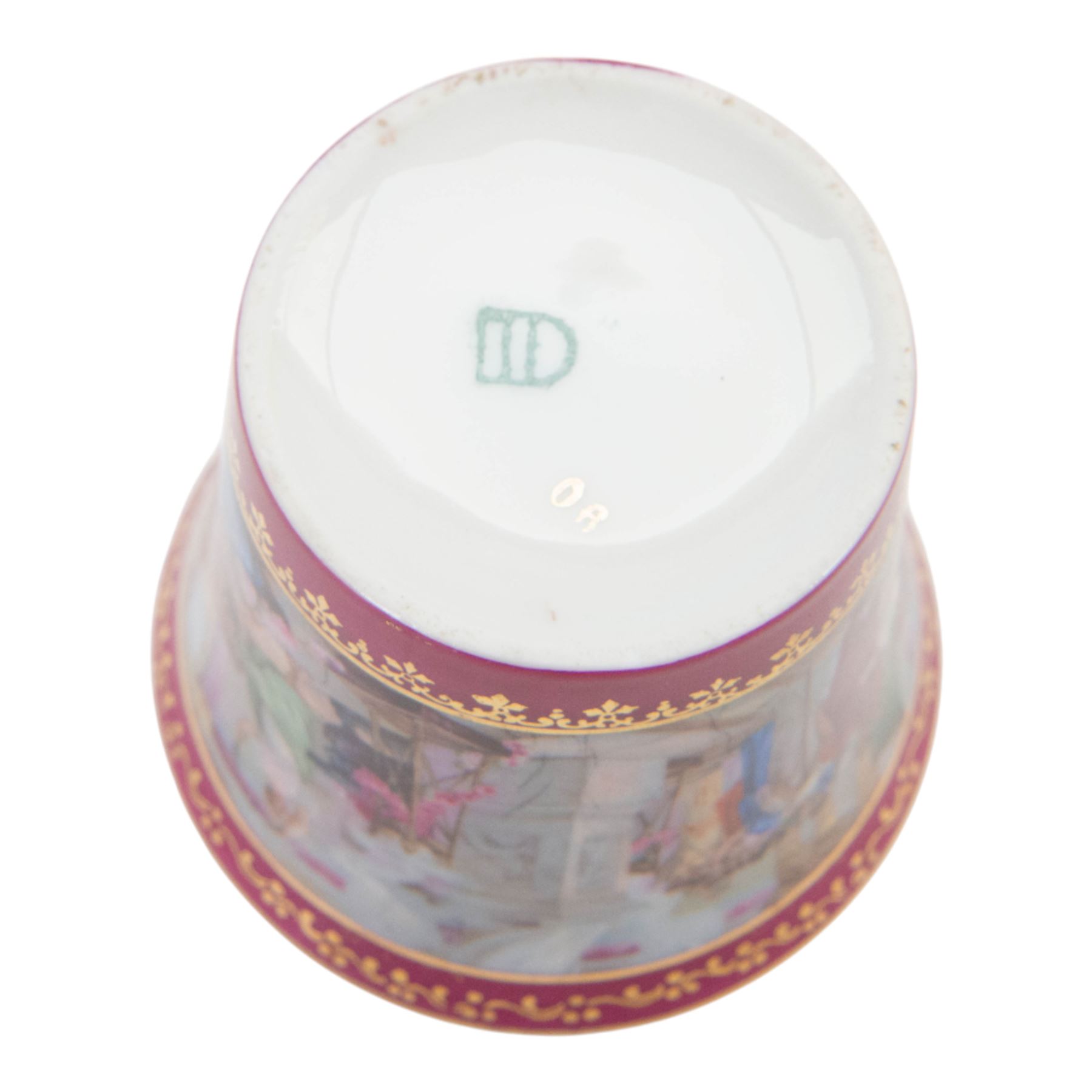  20th century Royal Vienna-style part tea service, comprising eight cups and saucers, ten dessert plates, one cake plate, milk jug and sugar bowl