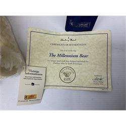 Modern Steiff teddy bear - The Millenium Bear No.34709 with golden pendant H32cm; in original box with paperwork; together with a Steiff ball-point pen in case sent to the vendor as compensation for a delay in receiving the bear.