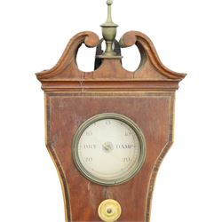 Three mahogany wheel barometers, each with silvered dial, thermometer and hygrometer, two with inlaid decoration, one with architectural pediment and one with swan-neck pediment 