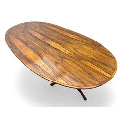 Andrew Milne for Heals - mid-20th century extending dining or boardroom table, oval top with one additional leaf, raised on twin tapering pedestal supports terminating in tripod feet
