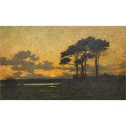 English School (19th century): Sunset over Flatland Landscape with Tree, oil on canvas unsigned 42cm x 70cm