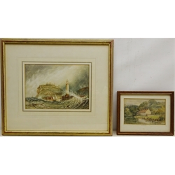  English School (19th century): Stormy Seas Whitby, watercolour with scratching out unsigned 17cm x 24cm 'Waterloo Cottages Ruswarp', watercolour titled 10cm x 16cm (2)  