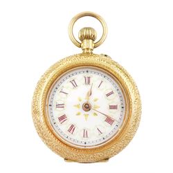 Early 20th century 14ct gold ladies cylinder fob watch, white enamel dial with Roman numer...