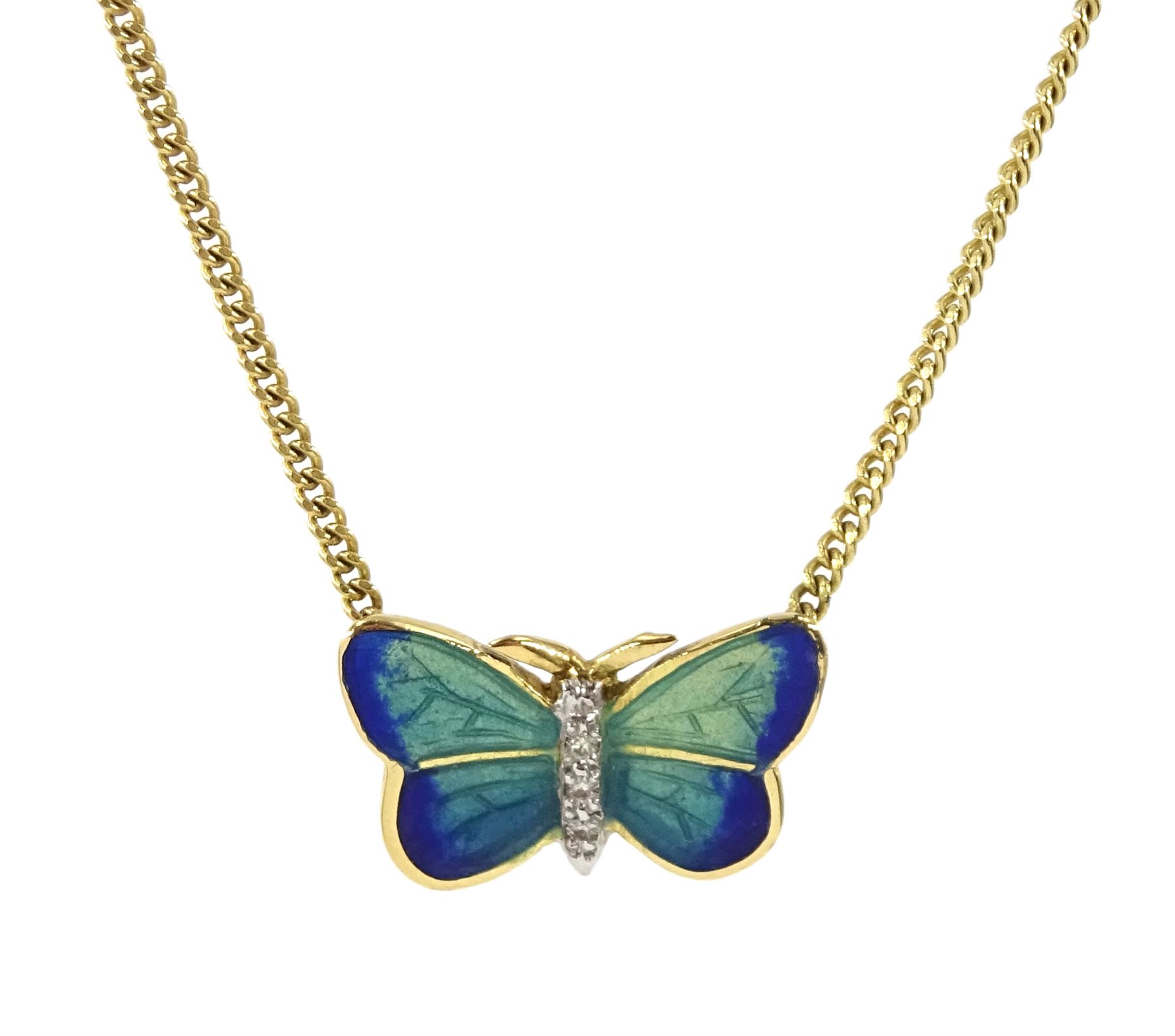18ct gold green/blue enamel and diamond butterfly necklace, makers mark A & W (possibly Alabaster & Wilson), Birmingham 2014 