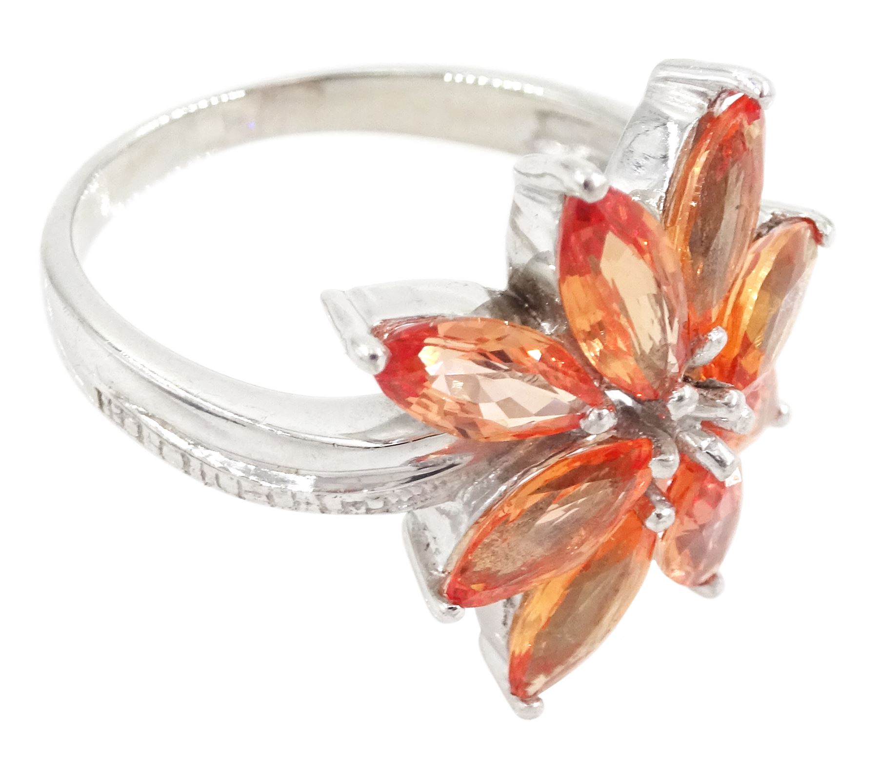 18ct white gold marquise cut Padparadscha sapphire flower head cluster ring, hallmarked, total sapphire weight approx 3.00 carat