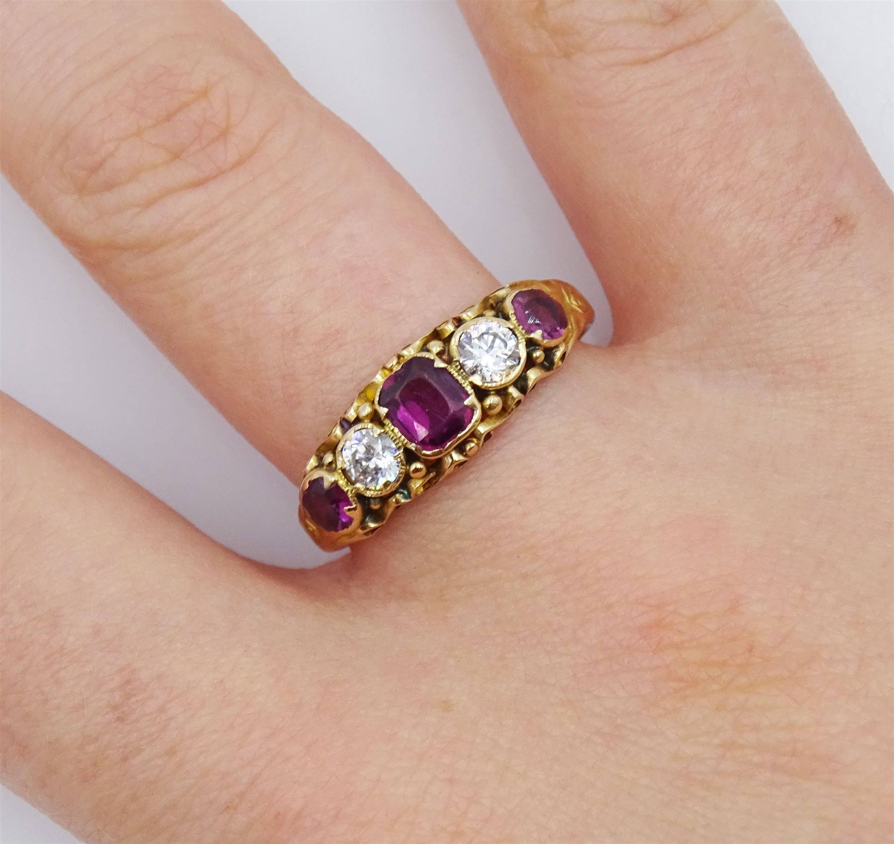 Victorian 15ct gold five stone clear and purple paste ring, Birmingham 1866