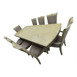Brunswick - washed oak finish extending dining table, rectangular top with curved ends and carved frieze, central extension leaf, raised on twin pedestals with arched plinth bases and square-sectioned column supports; set of eight (6+2) high-back dining chairs upholstered in beige velvet fabric
