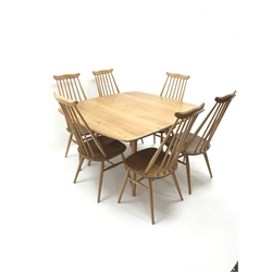 ercol light elm and beech drop leaf dining table (113cm x 124cm, H71cm), and set six ercol 'Windsor' high back dining chairs