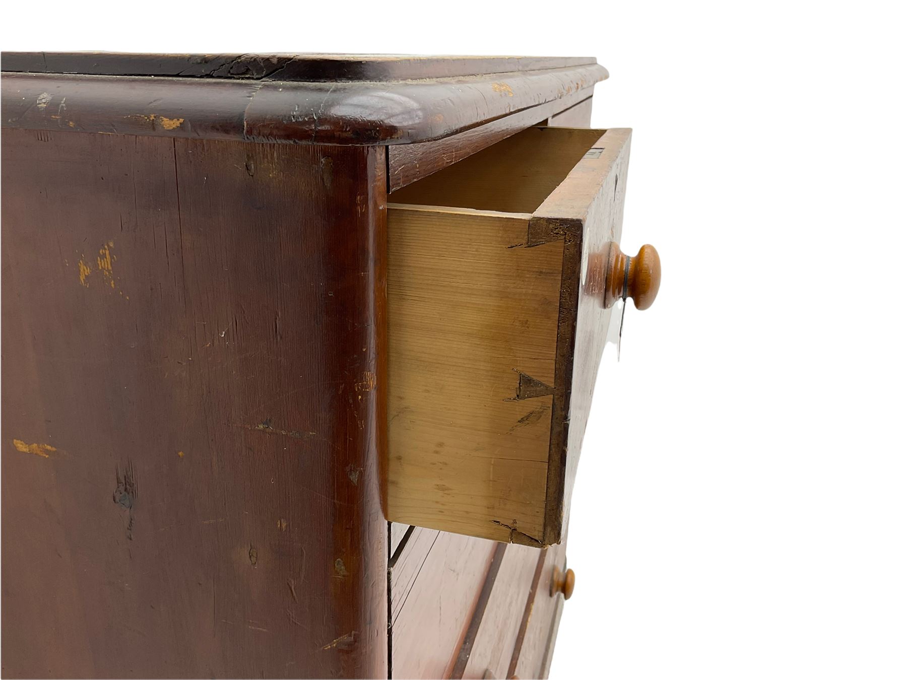 Chatsworth House - 19th century Victorian stained pine chest of drawers from Chatsworth House servant's quarters, moulded rectangular top over two short and three long drawers, plinth base. Provenance: Previously lot 1065 from the 