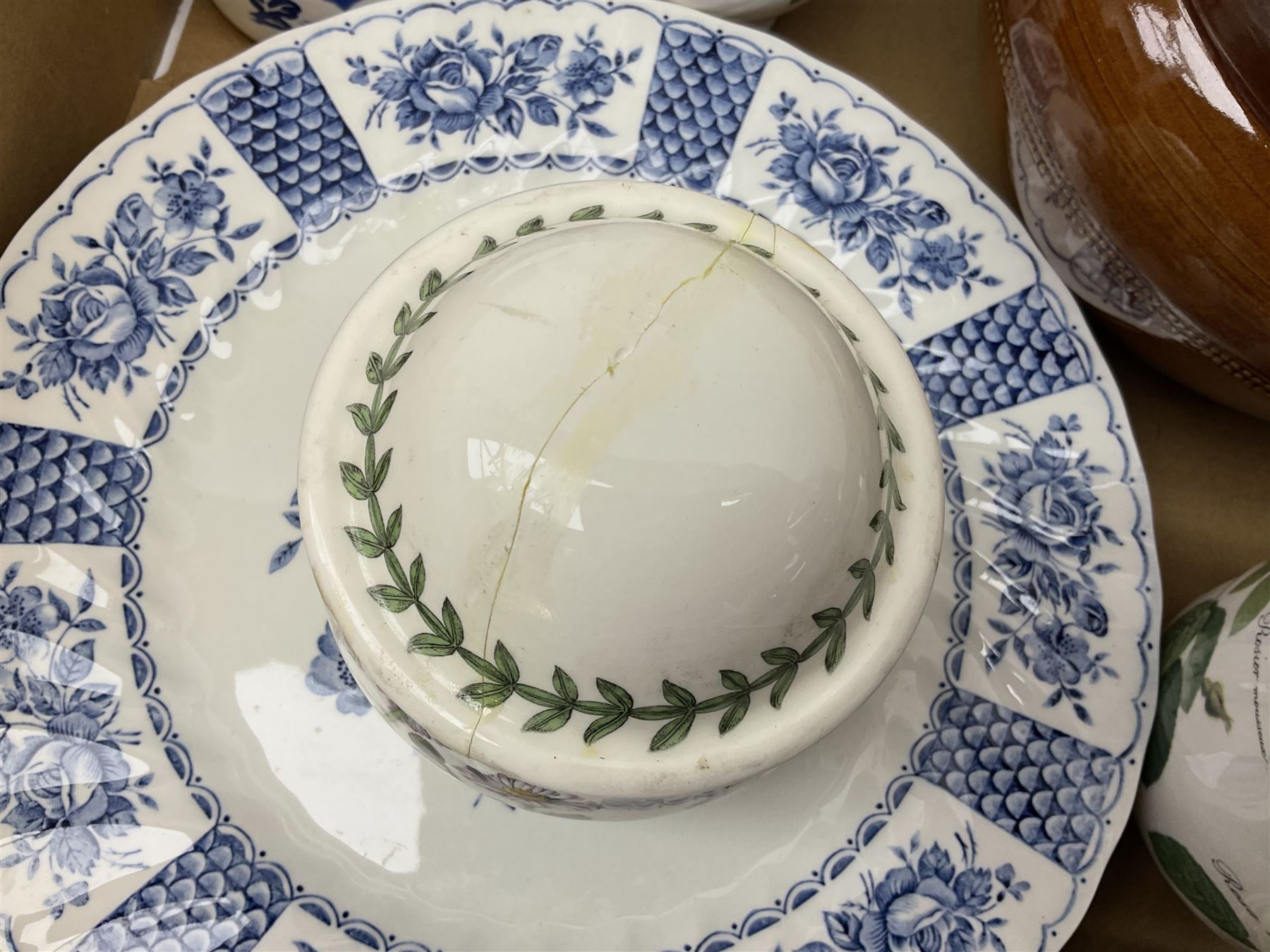 Quantity of teawares to include Coclough, Pearsons stoneware lidded twin handled pot, and other ceramics in two boxes