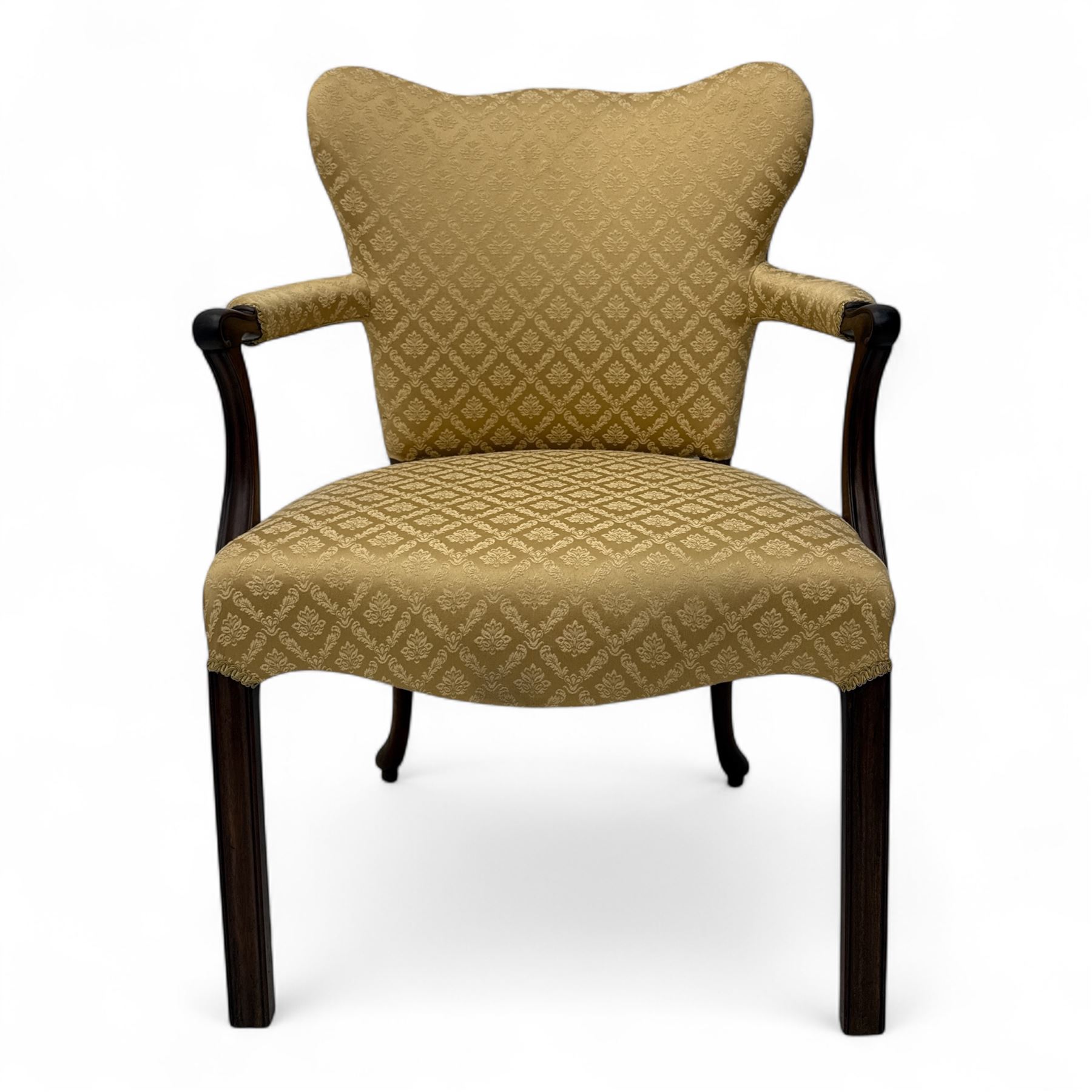 Pair of 19th century Hepplewhite style armchairs, shaped serpentine back over seat upholstered in gold damask fabric, with padded outswept arms and serpentine front rail, on moulded mahogany foreleg