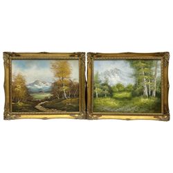 Continental School (20th century): Alpine Landscape, pair oils on board indistinctly signed 39cm x 49cm together with five prints (7)