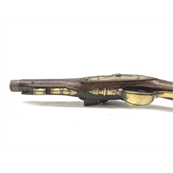  19th century flintlock pocket pistol, 9cm plain steel barrel, action with push safety, engraved brass trigger guard and butt plate, shaped walnut stock, L27cm,   