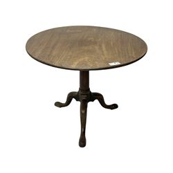 George III mahogany tripod table, folding hinged top above pedestal on three cabriole legs 