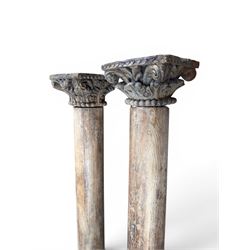Matched pair of 19th century hardwood architectural columns with carved capitols, column d...