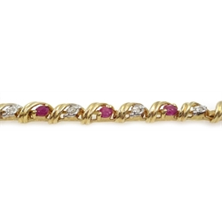  9ct gold ruby and diamond swirl link bracelet, hallmarked  