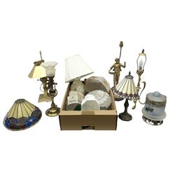Brassed lamp modelled as a male with basket and fruit after Rancoulet, Tiffany style table lamp, brass table lamp, glass shades etc