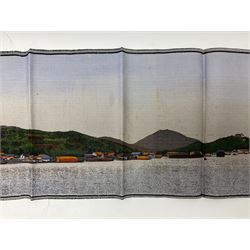 Chinese woven silk pictures, marked Kuo Hwa Silk Weaving Factory, Hanchow, China, circa 1937, depicting a city by the waters edge, together with a similar silk picture, L31cm 