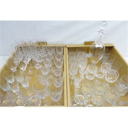  Dartington clear glass decanter, set of twelve cut glass drinking glasses, tumblers, Webb Corbett port glasses and other drinking glasses in two boxes  