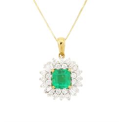 18ct gold Colombian emerald and diamond cluster pendant by Iliana, single octagonal cut em...
