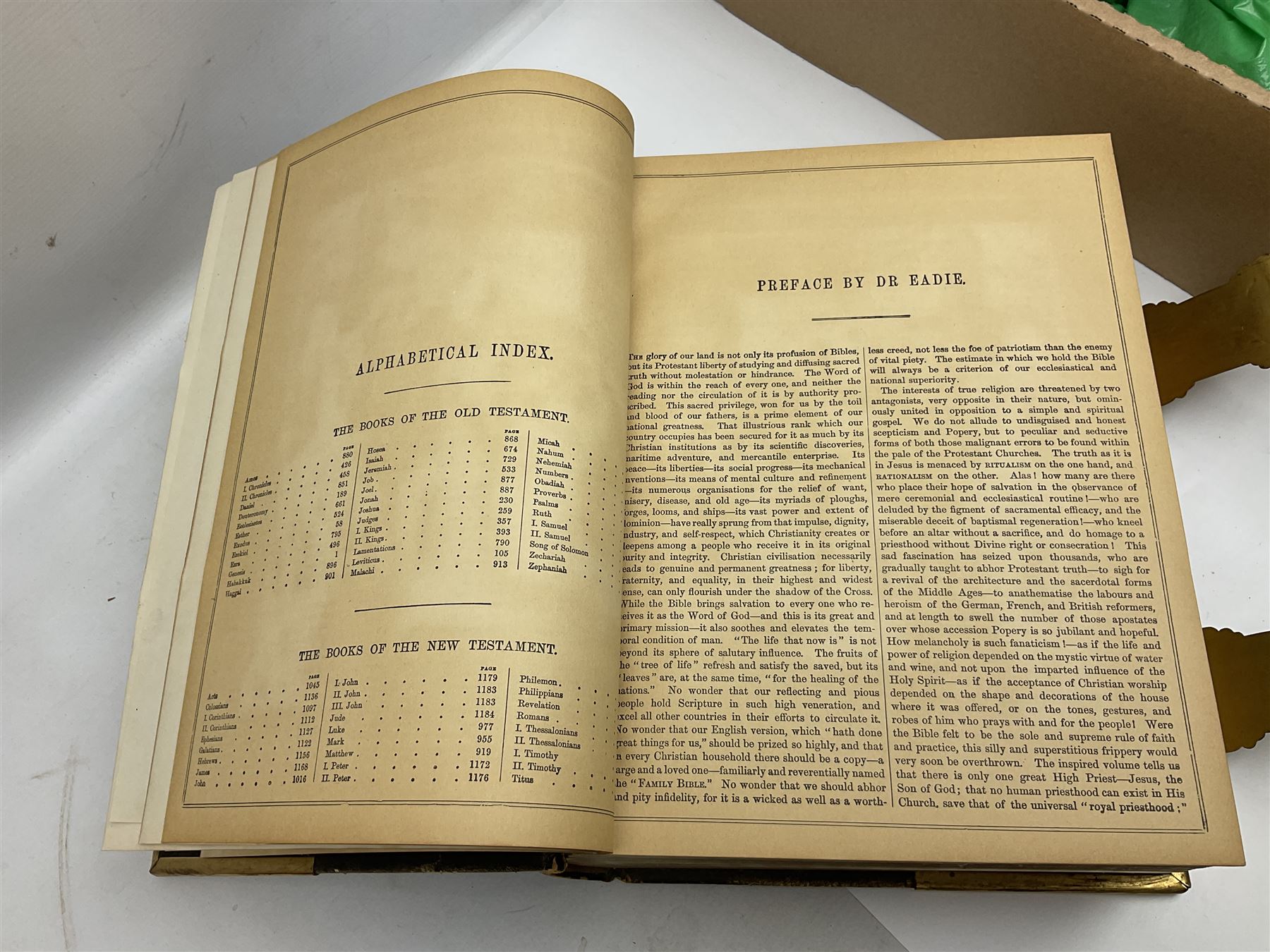 The National Comprehensive Family Bible, coloured and black and white plates, together with Jessop Atlantic tripod, brass candlestick and other collectables, in three boxes 