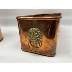 Victorian copper hot water urn, the body of plain cylindrical form with brass tap, the slightly domed lid with brass finial, together with a rectangular copper planter, with twin brass lion mask handles, urn H35cm