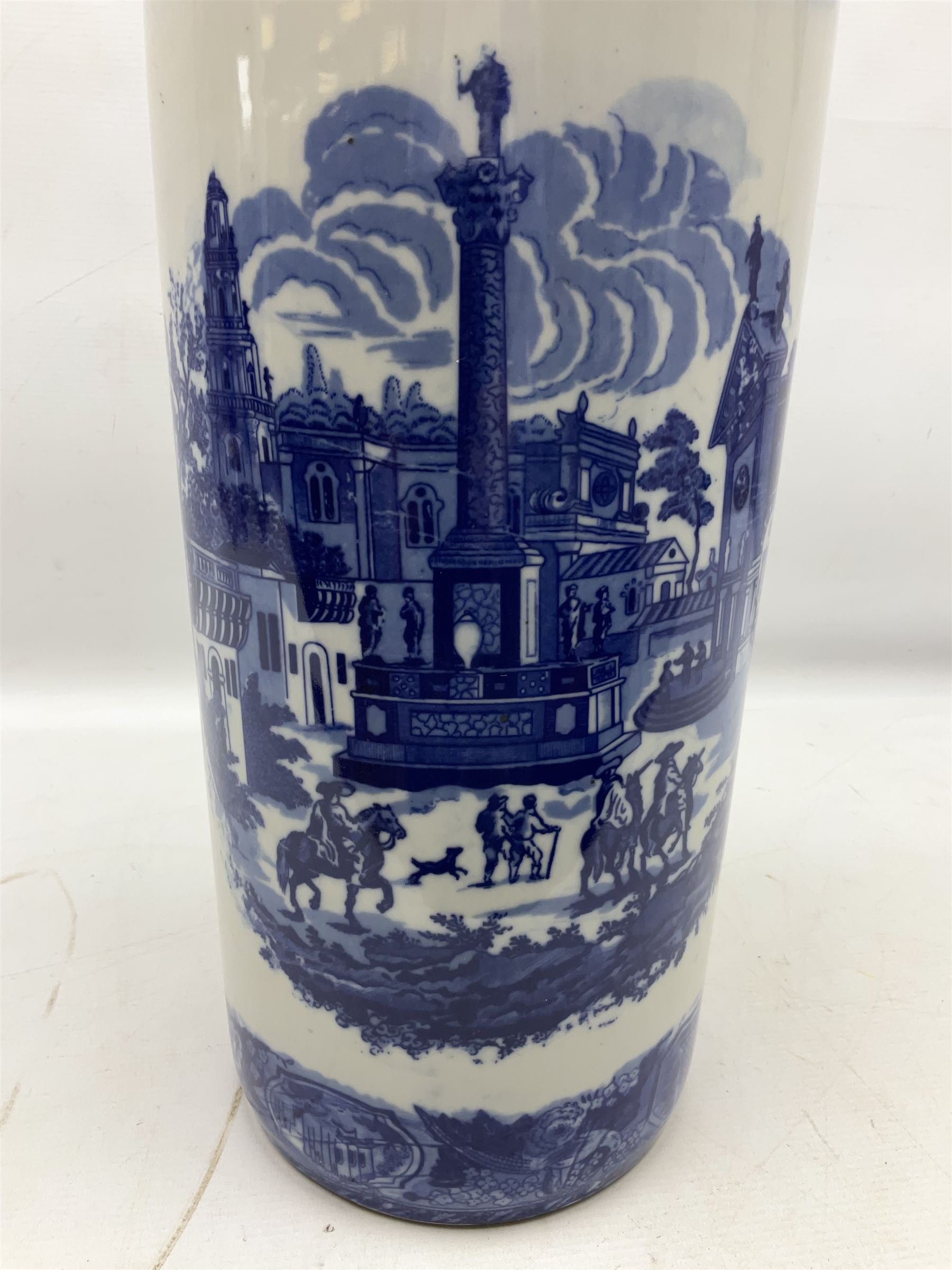 Victoria Ware blue and white umbrella stand, decorated with transfer print decorated with city scape, H43cm