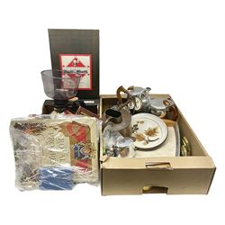 Piquot ware tea set, together with brass candlesticks, fireside tools and other collectables, in two boxes  
