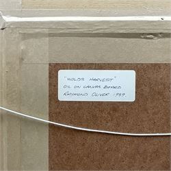 Raymond Oliver (British 1933-): 'Wolds Harvest', oil on board signed, titled and dated 1989 on label verso 29cm x 30cm 