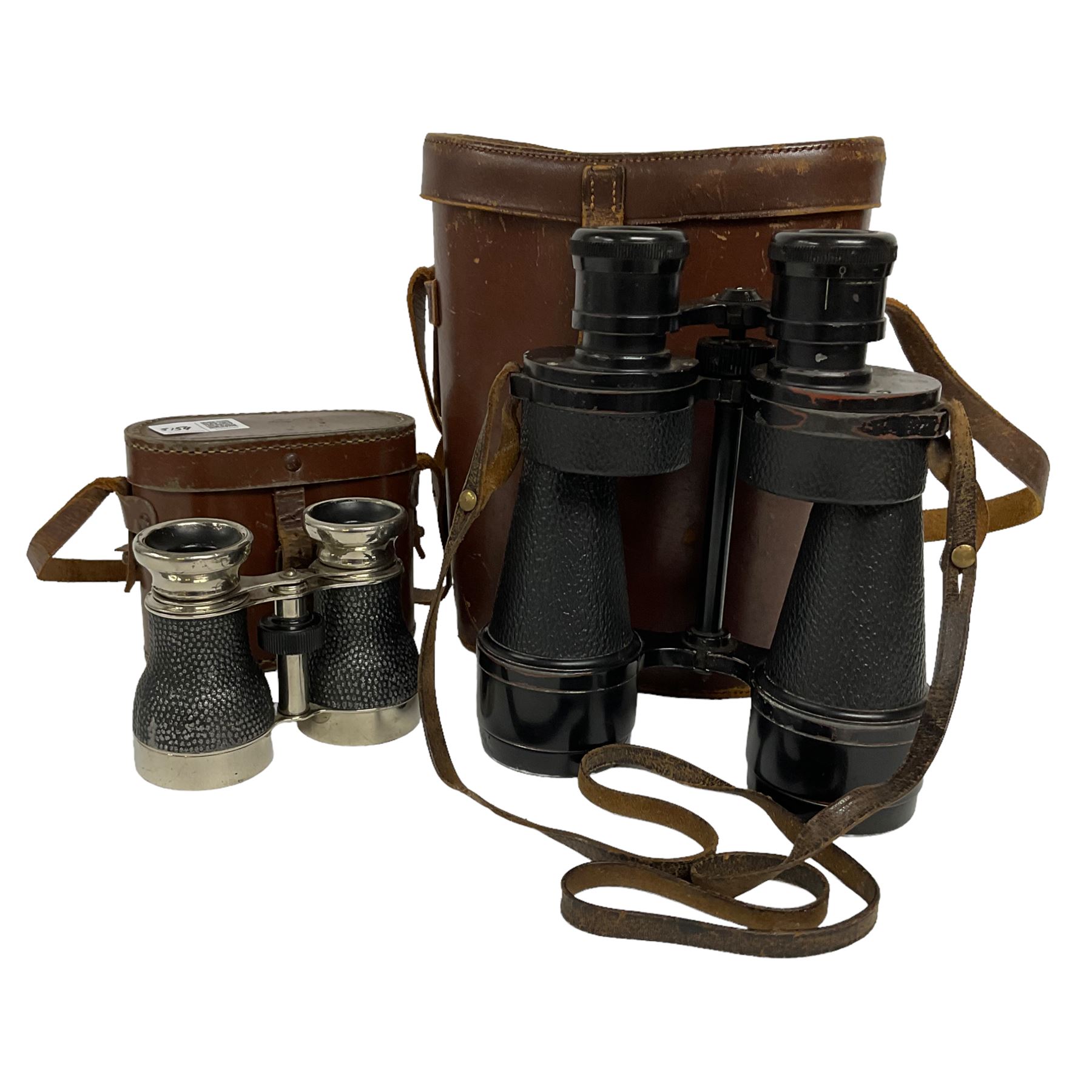 Pair of racing binoculars in leather case, together with a pair of Ross London Steplux binoculars no.149664 in leather case  