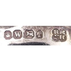 Group of silver, comprising 1930s pepper, of typical plain form, hallmarked Harrods Ltd, London 1938, together with an Edwardian vesta case, with engraved foliate decoration and monogramed rose gold shield cartouche, hallmarked G Loveridge & Co, Birmingham 1901, a pair of Victorian apostle top spoons, with pierced figural twisted stems, hallmarked Martin, Hall & Co, Sheffield 1864 and a modern silver candle snuffer with turned wooden handle, hallmarked R&D, Sheffield 2004