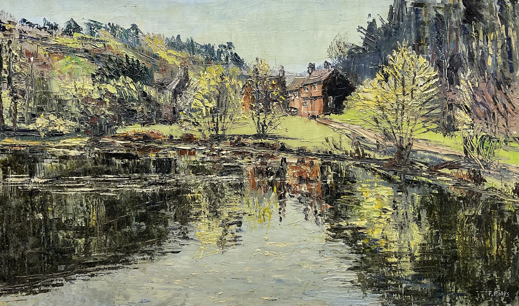 F Potts (British 20th century): River Reflections, impasto oil on canvas signed 45cm x 75cm
