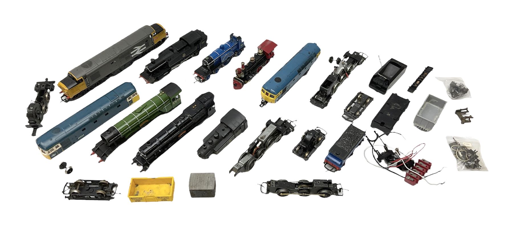 '00' gauge - Tri-ang 'Caledonian Single' Class 4-2-2 locomotive and tender; Hornby Class 37 Diesel (English Electric Type 3) locomotive No.37063; Airfix Class 61XX 2-6-2 Prairie tank locomotive No.6167; Pocher Italy American style 4-4-0 locomotive 'Reno'; and a quantity of part locomotives, spare parts etc; all unboxed