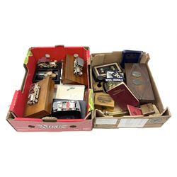 20th century brass perpetual desk calendar of triangular form, together with Mauchlin ware box (a/f), olive wood box, box with beaded decoration, other treen etc, Lesney Model of Yesteryear ashtray limited edition 1911 Renault and another similar, Royal Signals Corps buttons, motor ephemera, other misc 