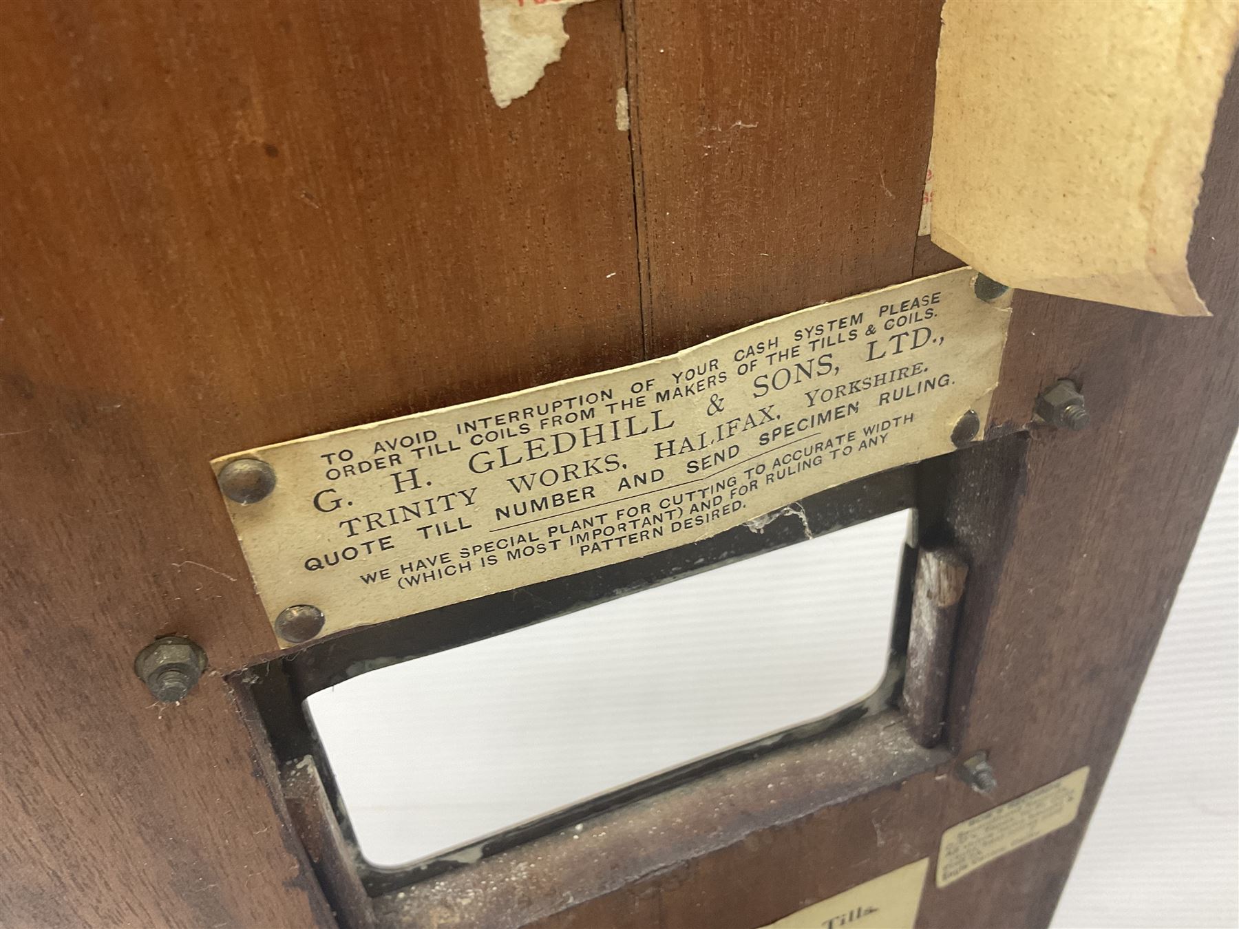 Wooden Gledhill till with paper labels to interior and a set of Salter scales with weights, till H17cm