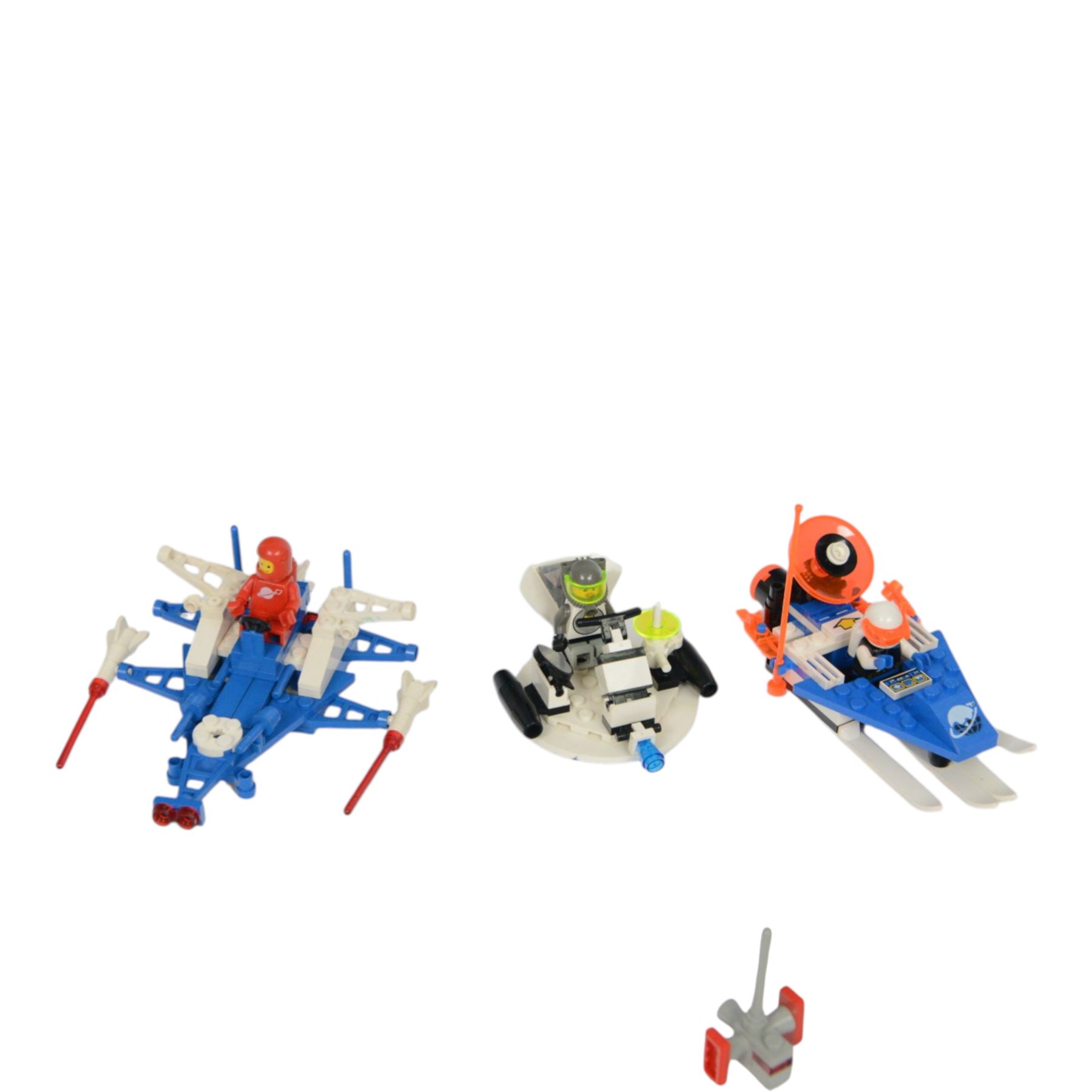 Eleven vintage Lego spaceships, comprising no. 6842 Shuttle Craft, no. 6879 Blizzard Baron, no. 6877 Vector Detector, no. 6880 Surface Explorer, no. 6852 Sonar Security, no. 897-1 Mobile Rocket Launcher, no. 6847 Space Dozer, no. 6834 Celestial Sled, no. 6846 Tri-Star Voyager, no. 6829 Radon Rover and no. 6815 Hovertron, all built with minifigures