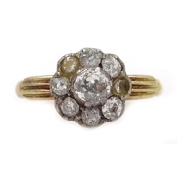  Gold old cut diamond flower set ring stamped 18ct (one stone missing)  