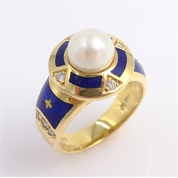  Victor Mayer for Faberge diamond, pearl and blue enamel 18ct gold ring, limited edition stamped 750 Faberge 34/300 with certificate  