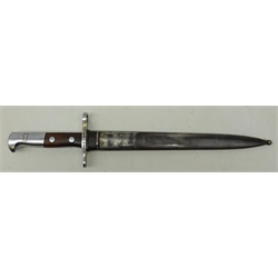  German Bayonet, twin edge fullered blade marked Waffenfabrik Neuhausen, crosspiece stamped 879300, part wooden grip, in steel scabbard, L45cm   