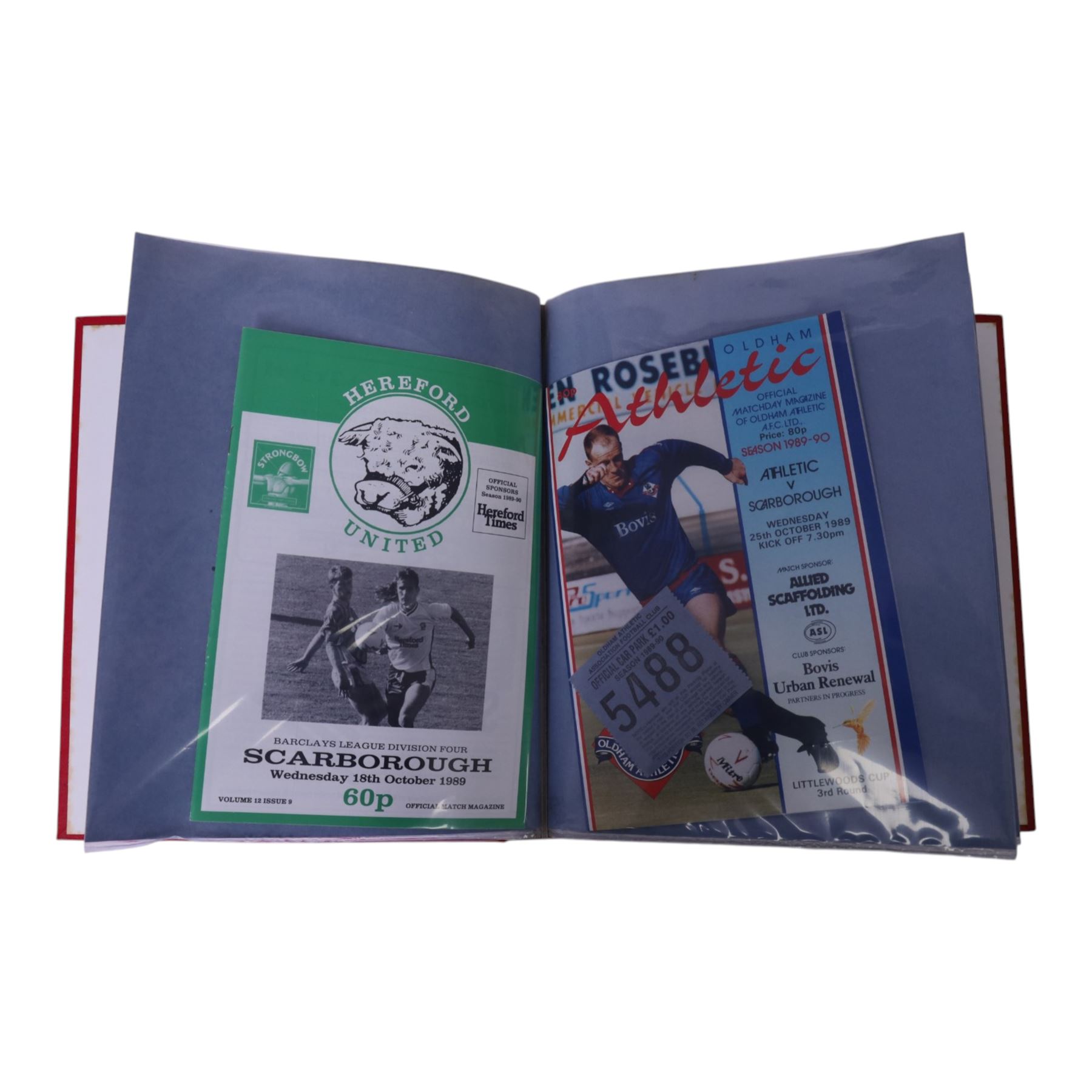 Comprehensive collection of approximately one-hundred and ninety Scarborough FC football programmes for the 1987/88, 1988/89 and 1990/91 seasons, all filed within six dedicated Scarborough FC red Home and Away binders 