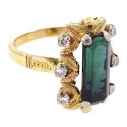 Gold octagonal cut green tourmaline and single cut diamond ring
